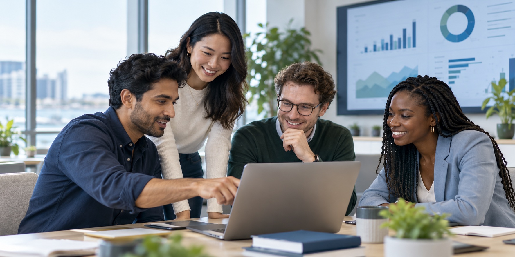 Technology professionals working together around a laptop in a bright office